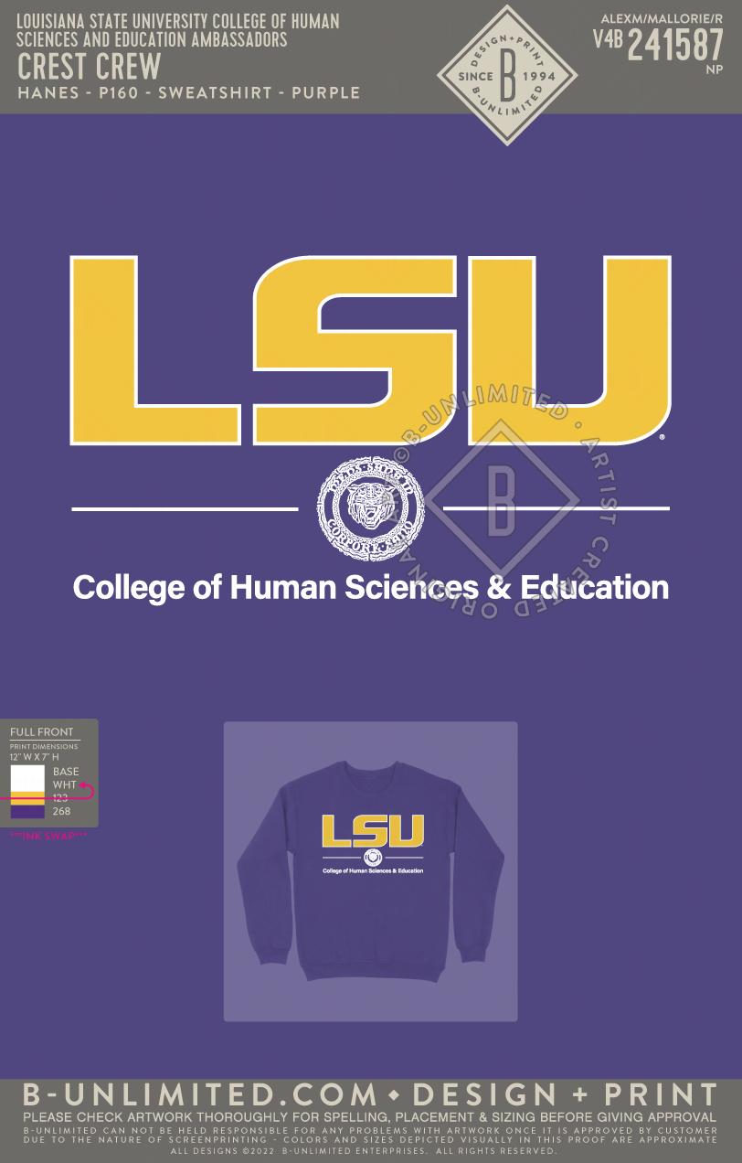 Louisiana State University College of Human Sciences and Education Ambassadors - Crest crew - Hanes - P160 - Sweatshirt - Purple