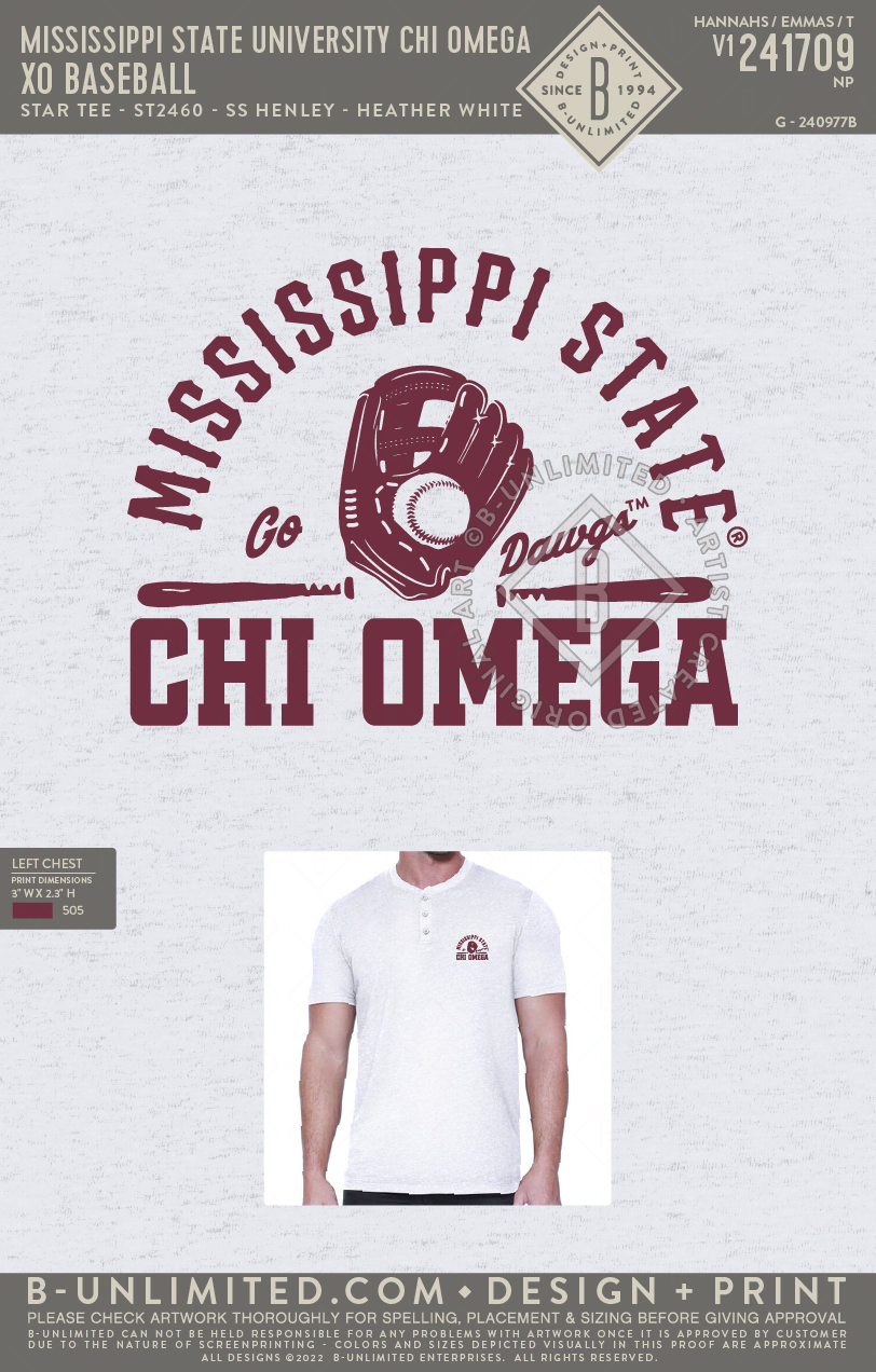 Mississippi State University Chi Omega - XO Baseball - Star Tee - ST2460 - SS Henley - Heather White
