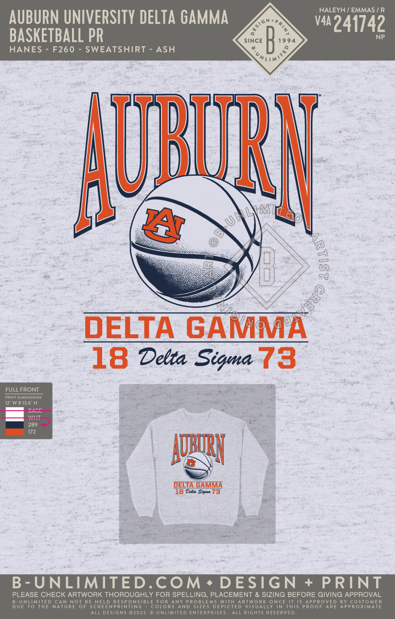Auburn University Delta Gamma - Basketball PR - Hanes - F260 - Sweatshirt - Ash