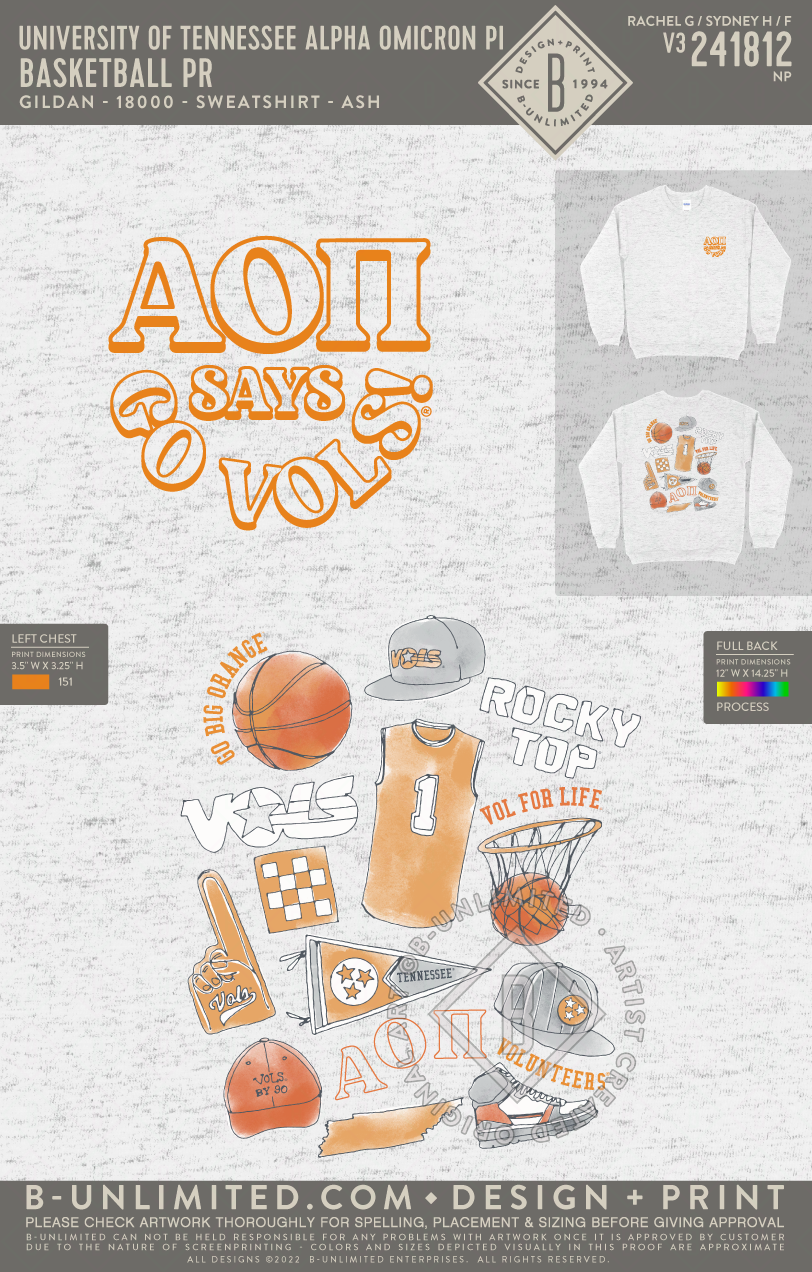 University of Tennessee Alpha Omicron Pi - Basketball PR - Gildan - 18000 - Sweatshirt - Ash Grey