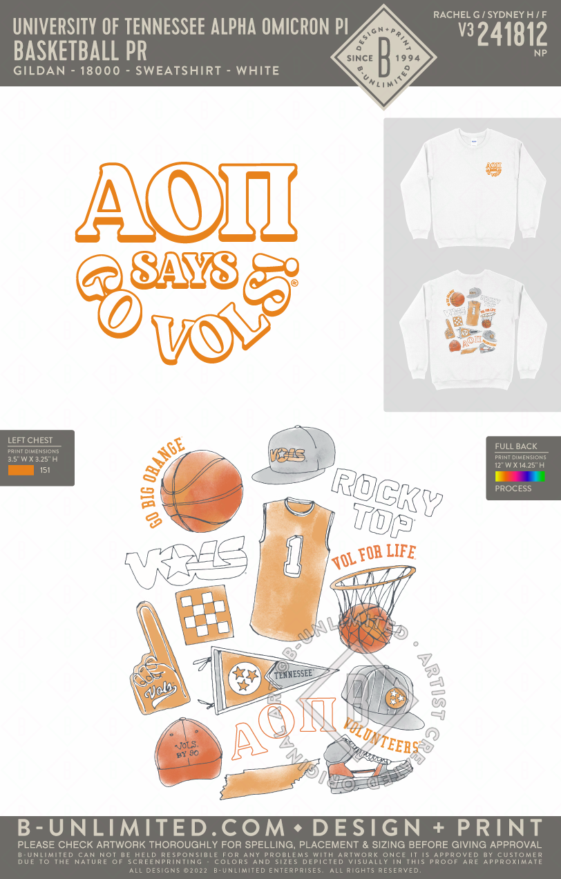 University of Tennessee Alpha Omicron Pi - Basketball PR - Gildan - 18000 - Sweatshirt - White