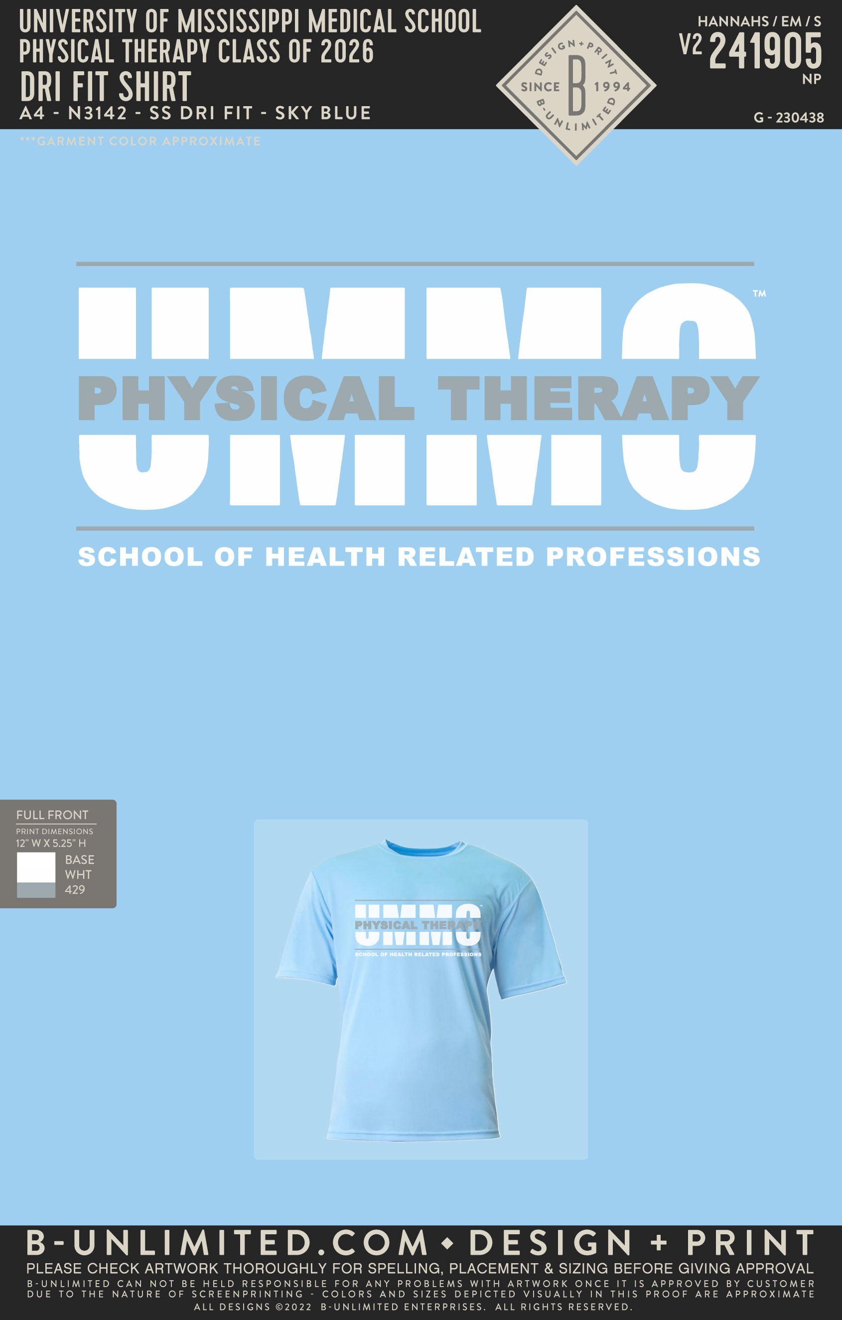 University of Mississippi Medical School Physical Therapy Class of 2026 - Dri Fit Shirt - A4 - N3142 - SS Dri Fit - Sky Blue