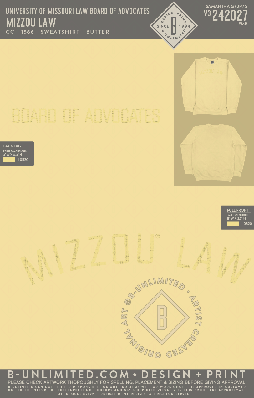 EMBROIDERED University of Missouri Law Board of Advocates - MIZZOU LAW - CC - 1566 - Sweatshirt - Butter