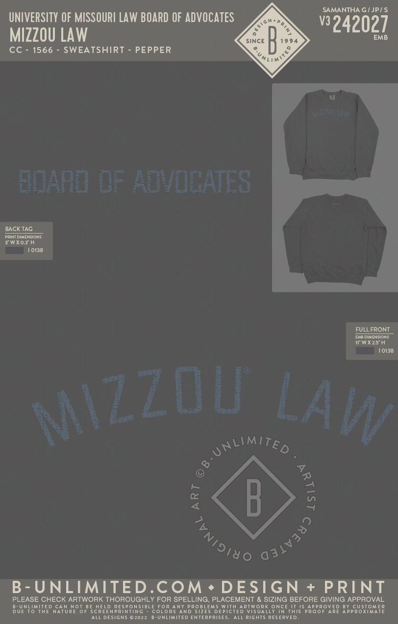 EMBROIDERED University of Missouri Law Board of Advocates - MIZZOU LAW - CC - 1566 - Sweatshirt - Pepper
