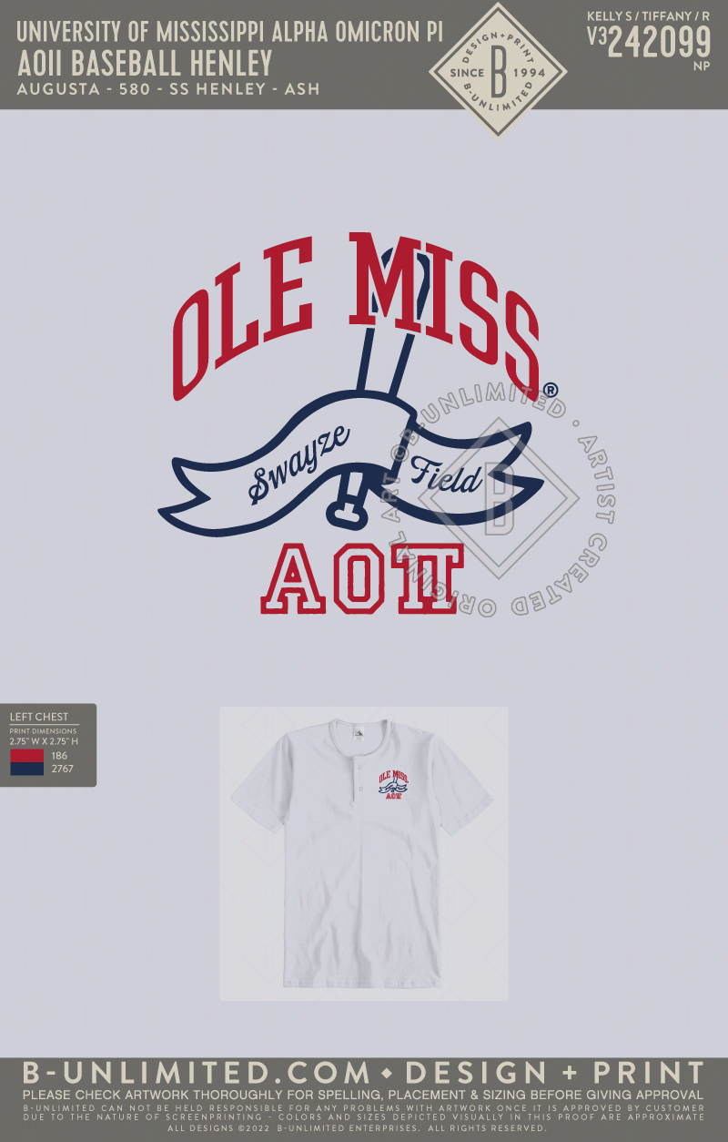University of Mississippi Alpha Omicron Pi - AOII Baseball Henley - Augusta - 580 - SS Henley - Ash