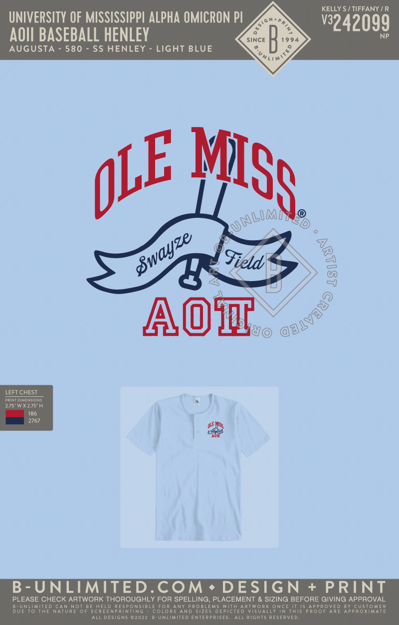 University of Mississippi Alpha Omicron Pi - AOII Baseball Henley - Augusta - 580 - SS Henley - Light Blue