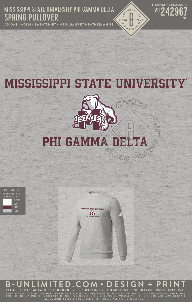 Mississippi State University Phi Gamma Delta - Spring Pullover - Adidas - AD134 - Sweatshirt - Medium Grey Heather/White