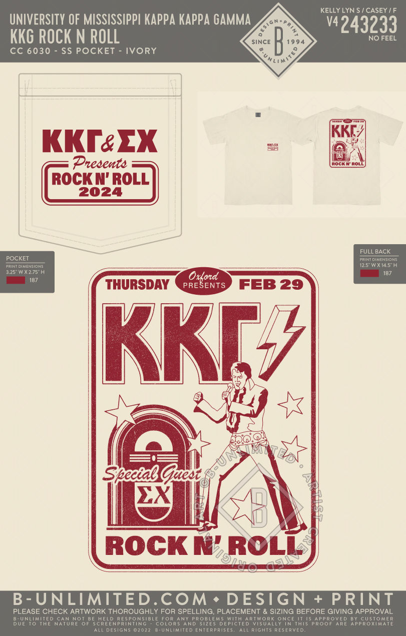 University of Mississippi Kappa Kappa Gamma - KKG Rock n Roll - CC - 6030 - SS Pocket - Ivory