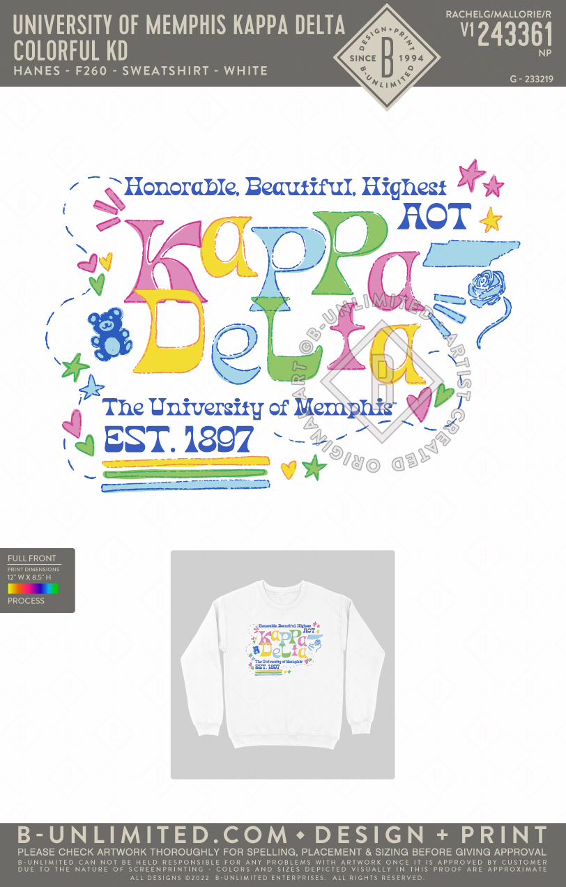 University of Memphis Kappa Delta - Colorful KD - Hanes - F260 - Sweatshirt - White