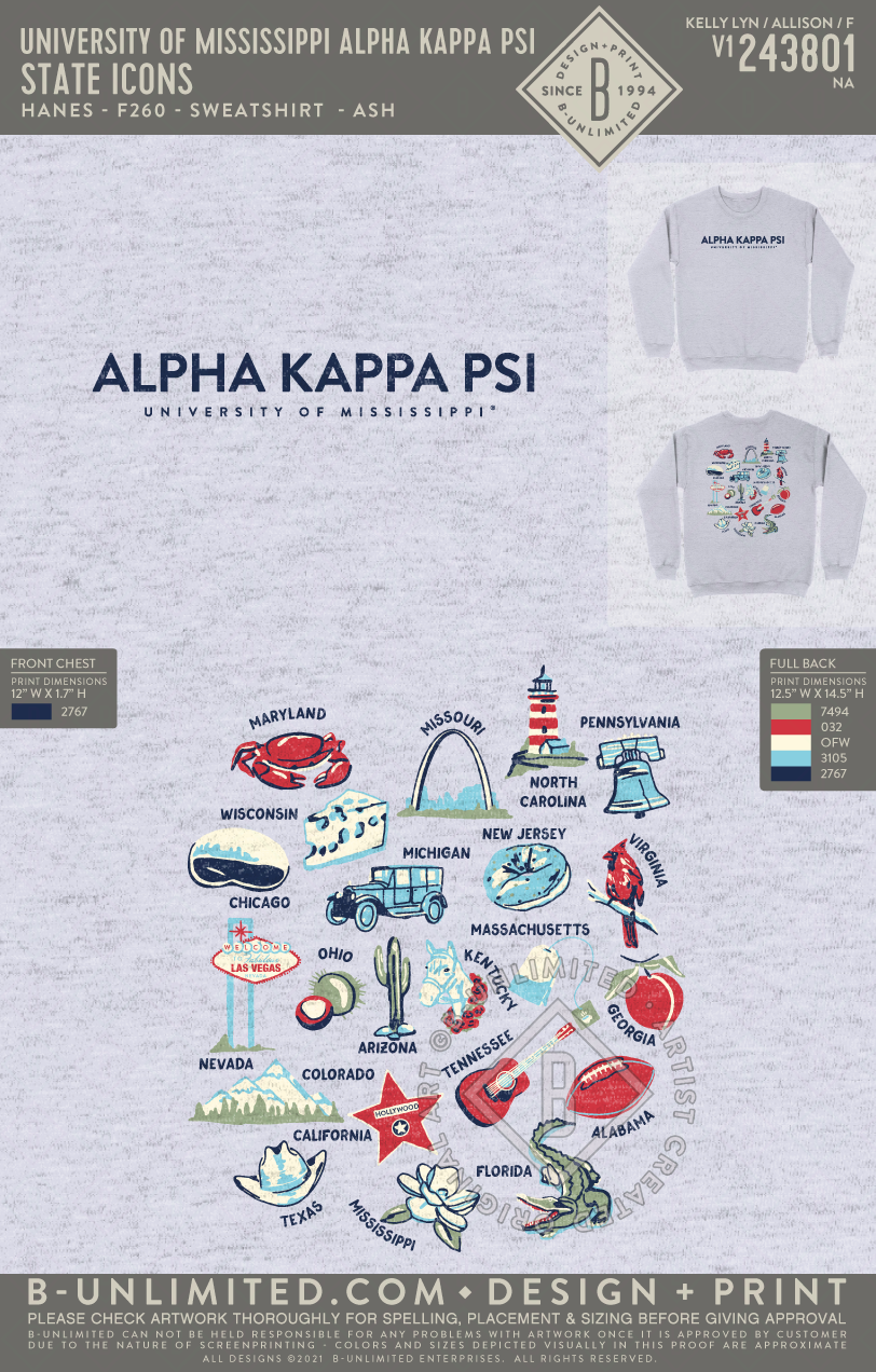 University of Mississippi Alpha Kappa Psi - State Icons - Hanes - F260 - Sweatshirt - Ash
