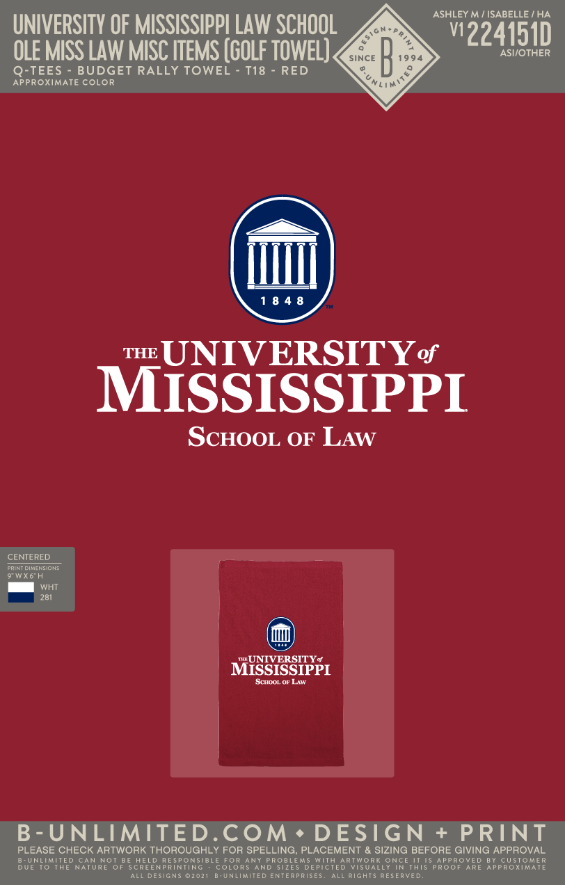 University of Mississippi Law School - Ole Miss Law Misc Items (Golf Towel) - Q Tees - T18 - Rally Towel - Red