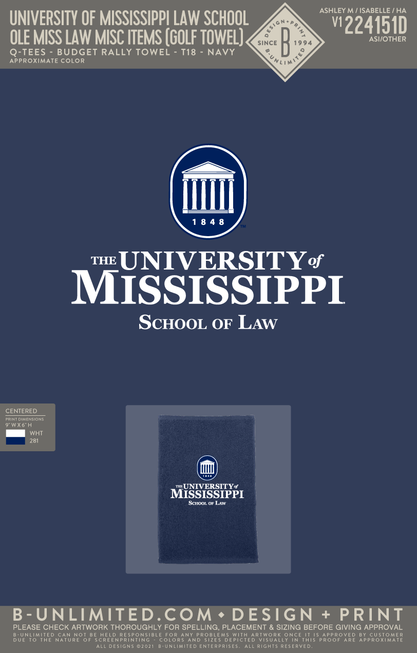 University of Mississippi Law School - Ole Miss Law Misc Items (Golf Towel) - Q Tees - T18 - Rally Towel - Navy