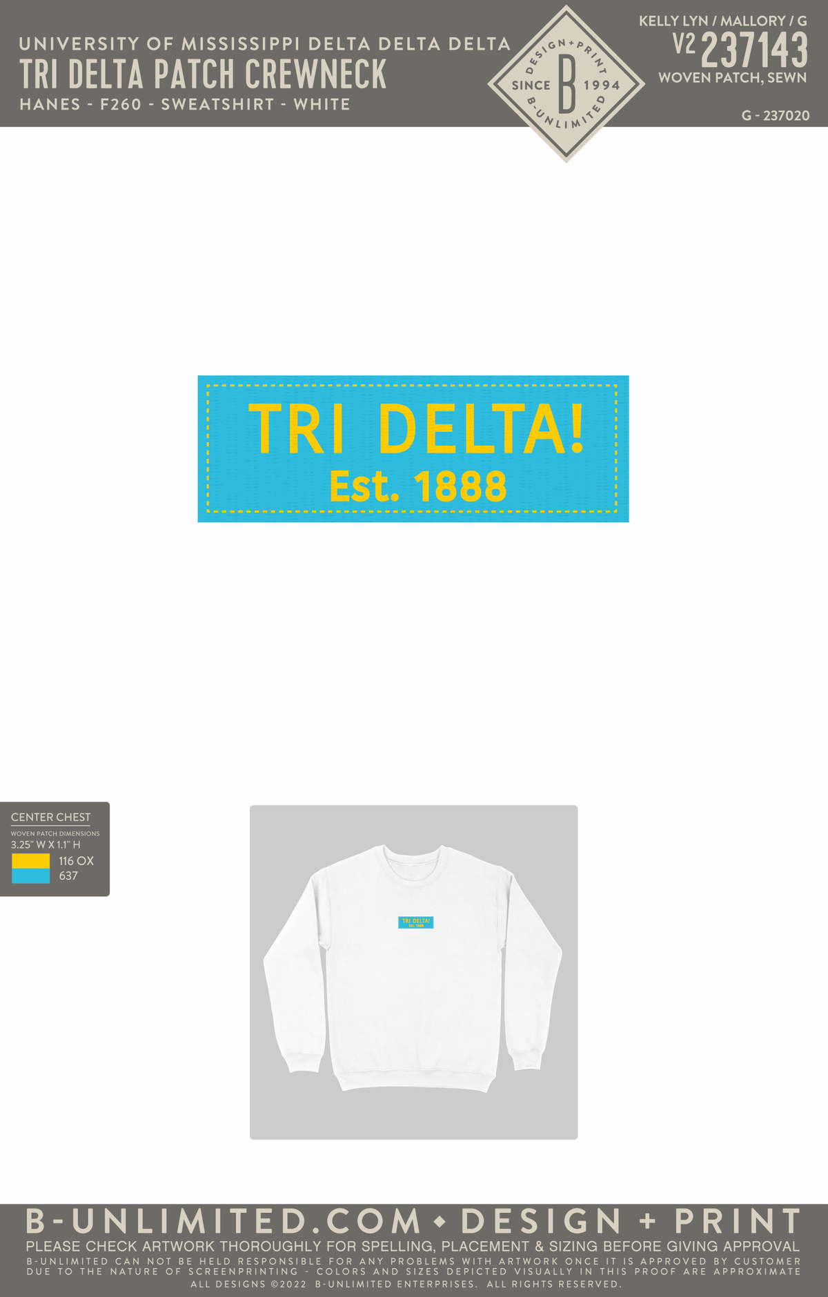 University of Mississippi Delta Delta Delta - Tri Delta Patch Crewneck (Center) - Hanes - F260 - Sweatshirt - White