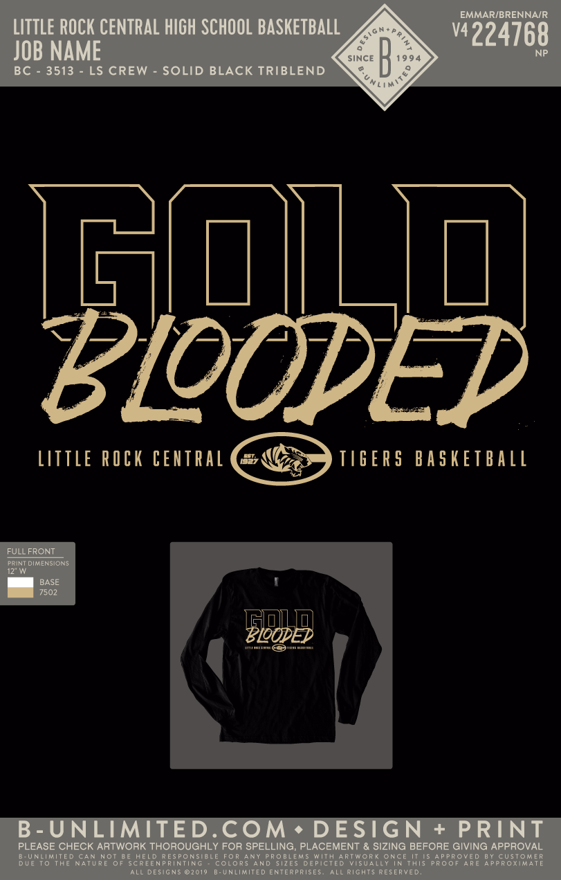 Little Rock Central High School Basketball - Gold Blooded Tee - B+C - 3513 - Unisex Triblend Long Sleeve Tee - Solid Black Triblend
