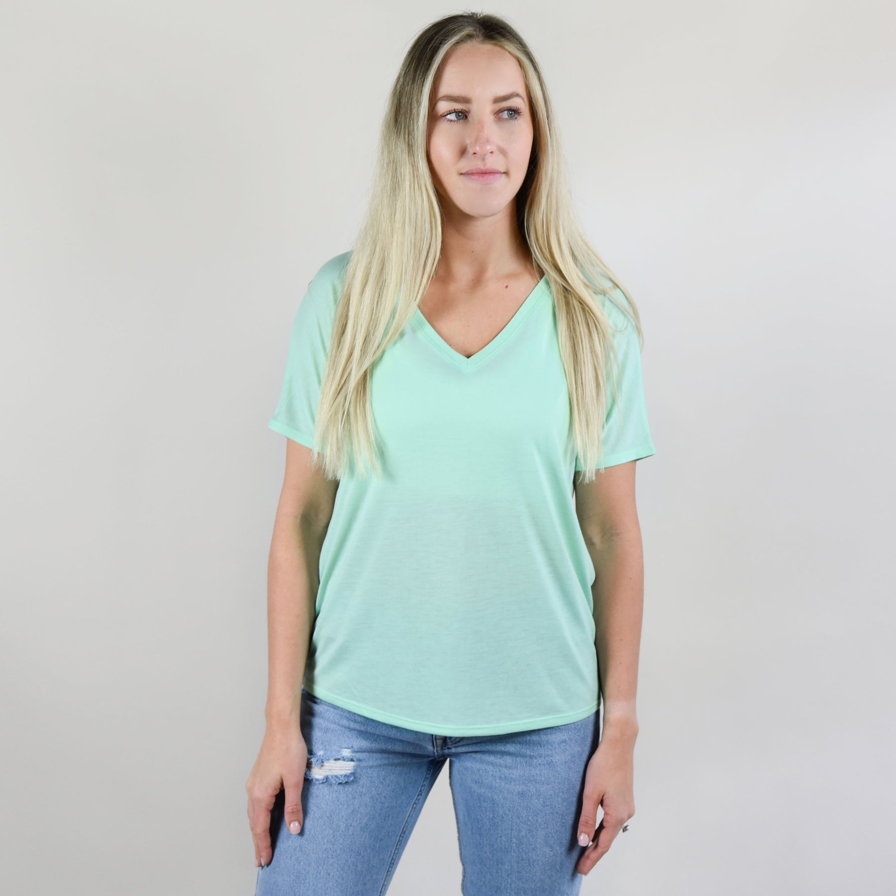 Model wearing Bella Canvas 8816 Women's Slouchy T-Shirt