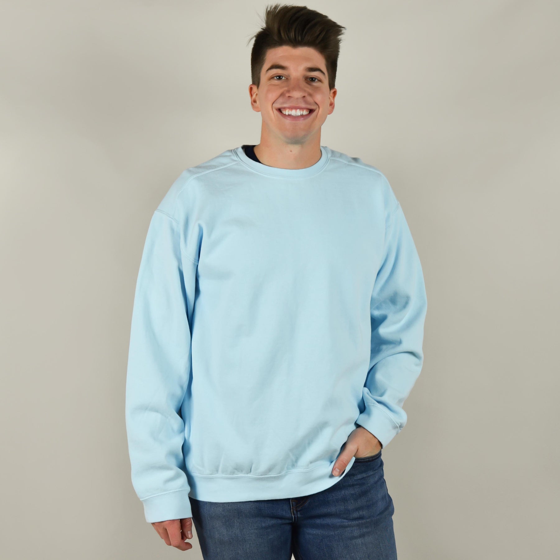 Model wearing Gildan 18000 Crewneck Sweatshirt