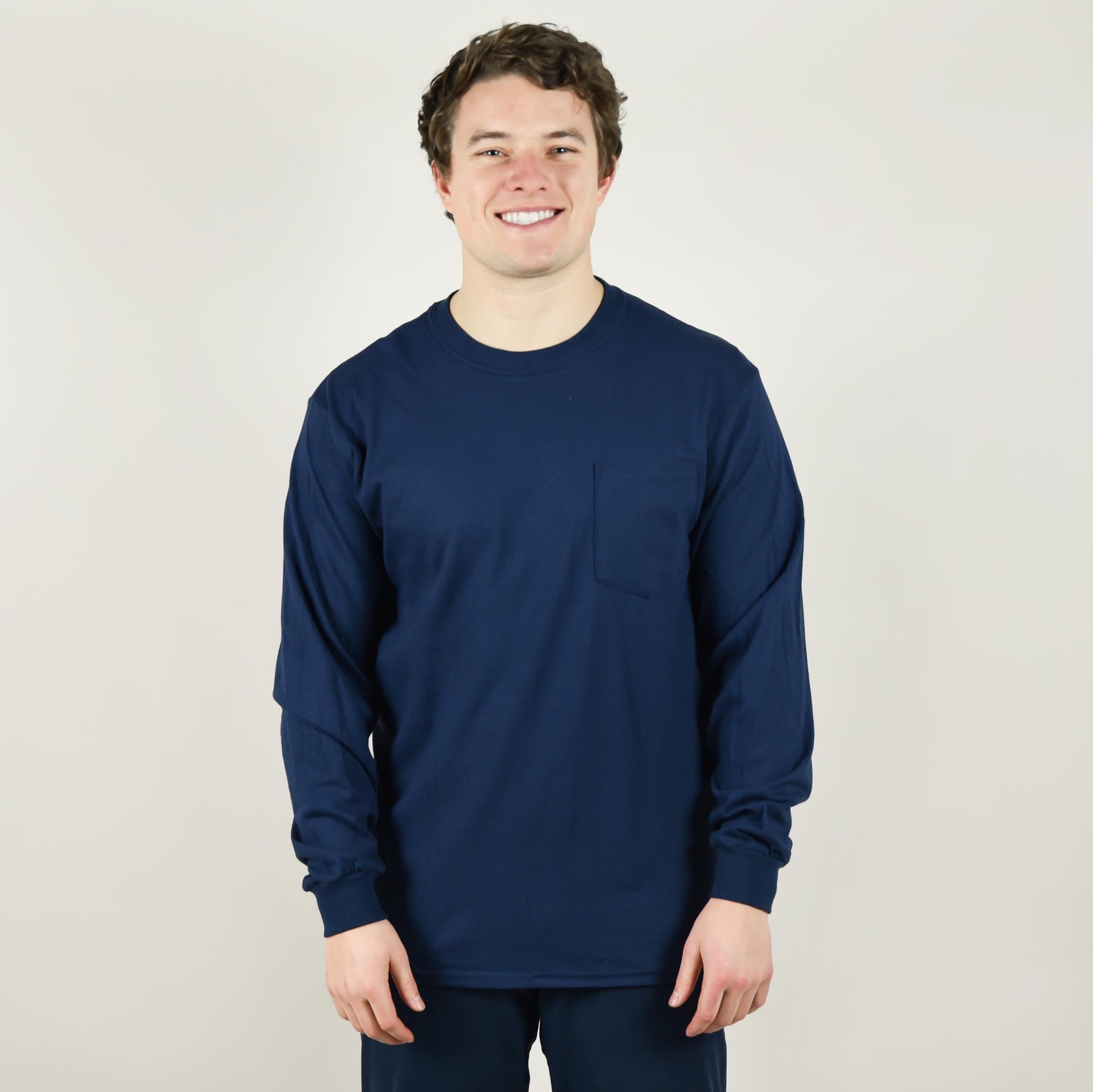 Model wearing Gildan 2410 Long Sleeve Pocket T-Shirt