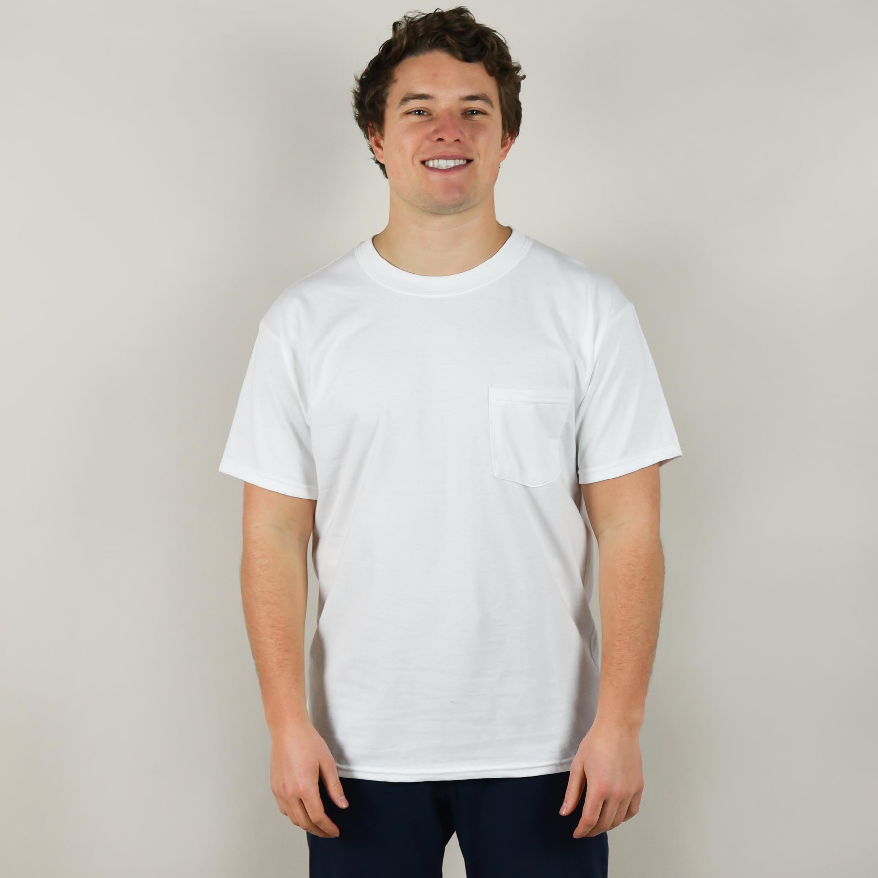 Model wearing Hanes 5190P Beefy Tee with Pocket